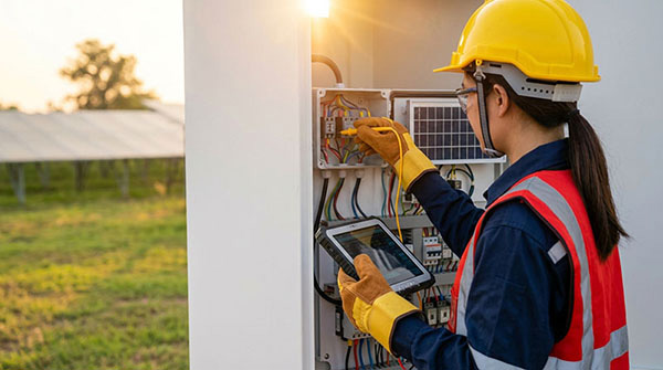 Engenheira especializada realizando diagnóstico elétrico em quadro de comando de sistema fotovoltaico
