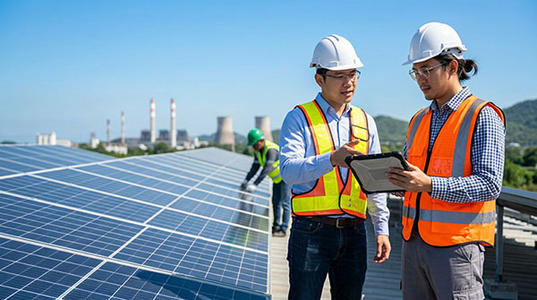 Engenheiros realizando consultoria técnica e inspeção em projeto de energia solar comercial em telhado