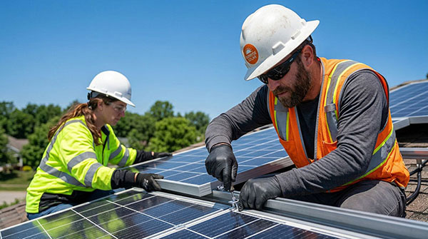 Equipe técnica mista instalando painéis solares em telhado residencial com equipamentos de segurança