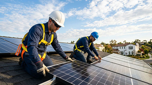 Equipe técnica especializada instalando painéis solares fotovoltaicos no telhado de residência
