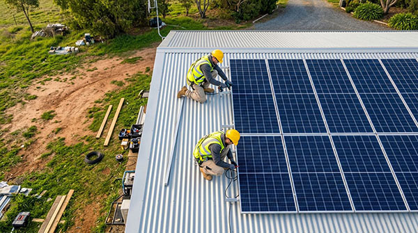 Equipe técnica instalando painéis solares em telhado metálico, vista aérea de drone