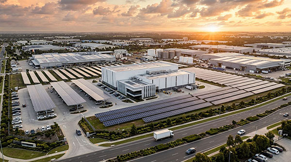 Vista aérea de complexo industrial com sistema de energia solar em telhados e estacionamento ao pôr do sol