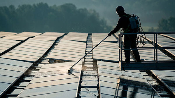 Técnico realizando limpeza e lavação profissional de painéis solares fotovoltaicos ao amanhecer