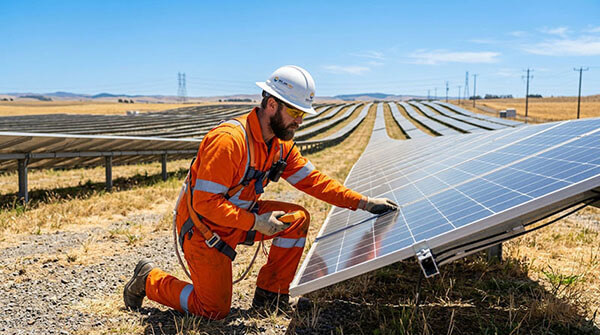 Técnico especializado inspecionando painel solar em usina fotovoltaica de grande porte em campo aberto