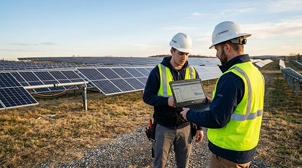 Engenheiros analisando dados de monitoramento em laptop durante visita técnica em usina solar