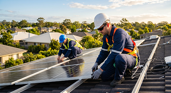 Dois técnicos uniformizados e com equipamentos de segurança instalam fileiras de painéis solares pretos sobre o telhado de telhas escuras de uma casa em um bairro suburbano arborizado, sob a luz dourada do final da tarde e céu azul com nuvens. O técnico em primeiro plano ajoelha-se manuseando a borda de um módulo.